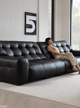 大黑熊真皮沙发直排沙发客厅意式轻奢高端头层牛皮黑色小户型家用