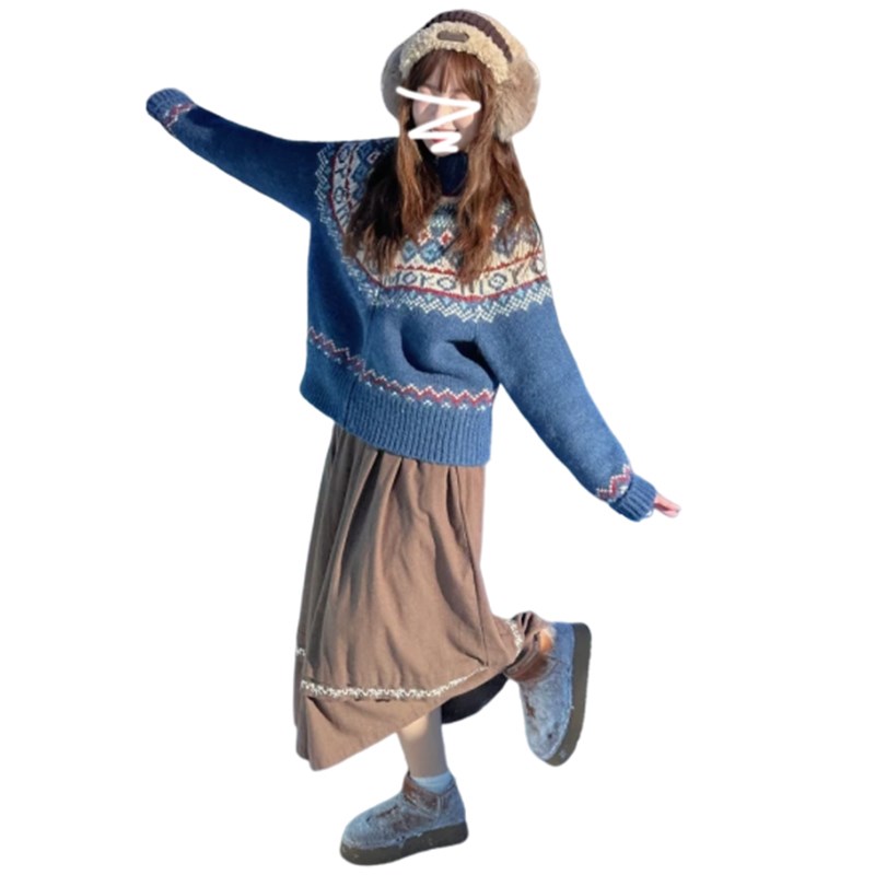 现货费尔岛拉链慵懒风蓝色毛衣外套女2024新款秋冬季X新年衣服针