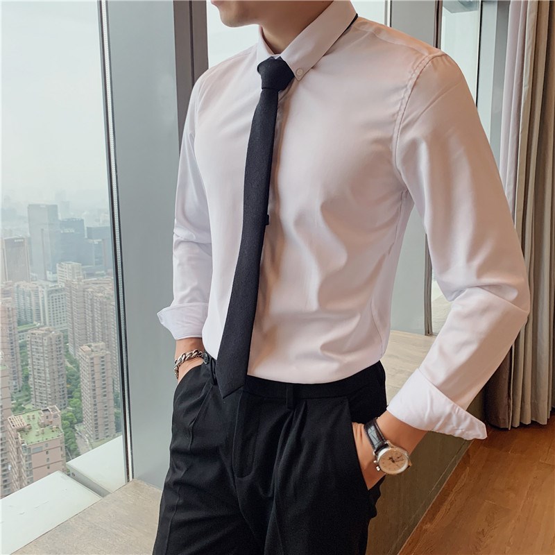 速发春夏季男潮长袖韩版商务休闲正装士流免烫霆款衬衣墨薄晟