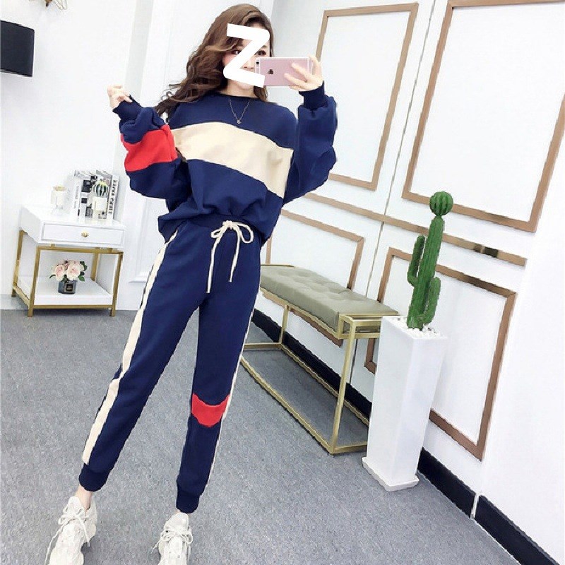 速发套025秋春2装学生休闲运动韩版时尚宽松拼色卫衣小脚裤子两件