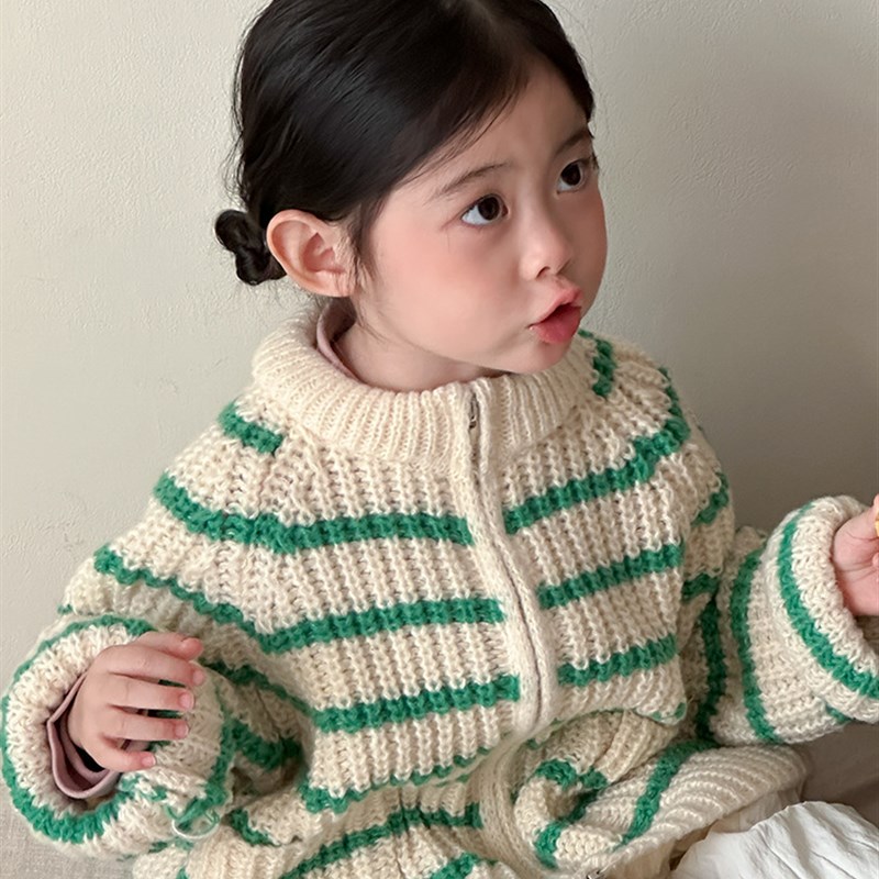 现货儿童条纹毛衣2024冬季新款韩版男女童圆领中长款拉链衫外套