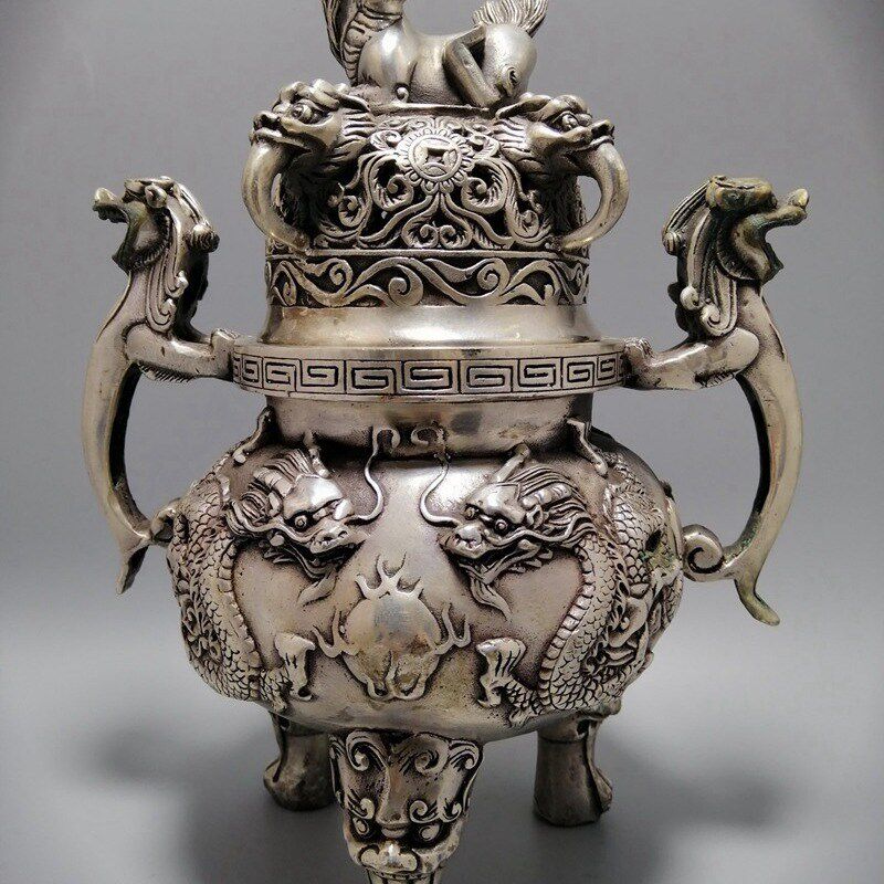 速发古玩杂项厂龙白铜镀收二家戏珠香炉银藏品摆件装饰工艺