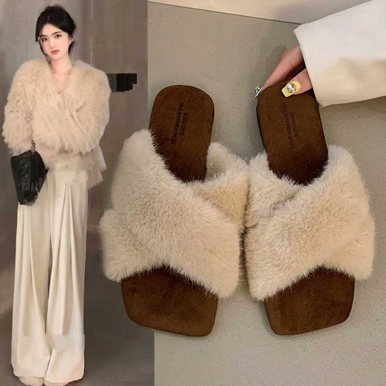 休闲舒适平底毛毛拖鞋女外穿2025新款秋冬时尚百搭一字拖居家拖鞋,女鞋,毛毛鞋,淘宝优惠券,粉丝福利购,淘宝优惠卷
