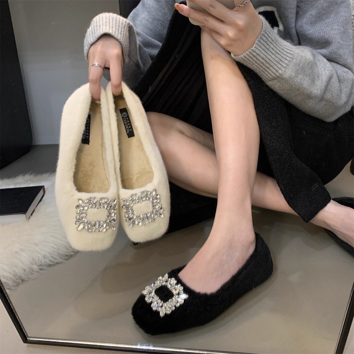 法式复古时尚百搭毛毛鞋女外穿2025年新款冬季豆豆鞋加绒棉保暖鞋,女鞋,棉鞋,淘宝优惠券,粉丝福利购,淘宝优惠卷