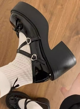 黑色厚底粗跟增高浅口蝴蝶结小皮鞋2025新款日系学院风玛丽珍单鞋