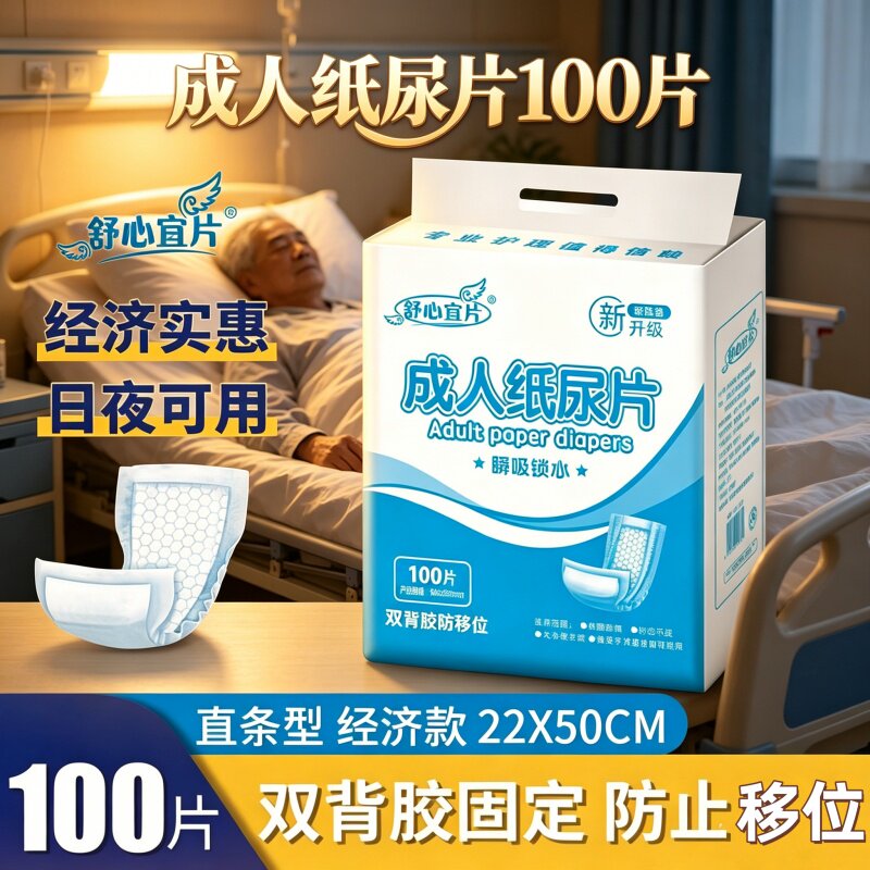 [双背胶固定纸尿片]舒心宜100片老人干爽防漏经济直条型一次性尿