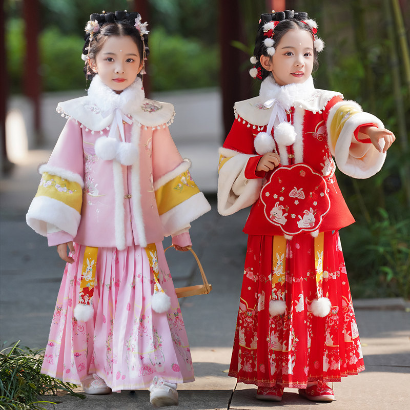 儿童汉服女童秋冬拜年服过年喜庆冬季新款加绒袄裙三件套明制冬款