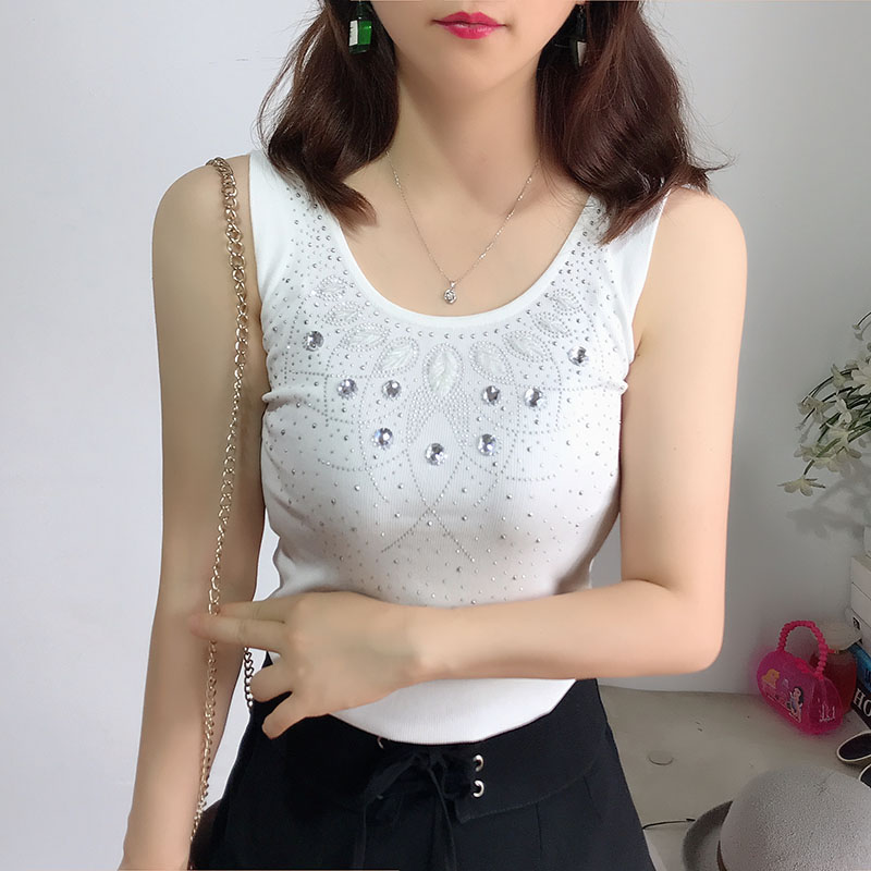 夏季新款冰丝针织打底衫烫钻圆领吊带背心女外穿无袖短款显瘦上衣