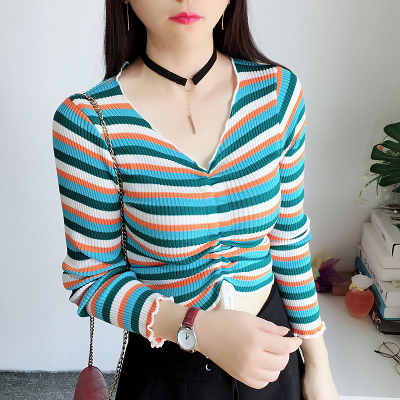 2018 new pattern Korean Edition Wood ear V-neck Sweater Drawstring stripe Self cultivation sweater Exorcism Length jacketin the Women's clothing/Boutique , Sweaters  category - from Buy2taobao.com to provide professional Taobao agent buy service