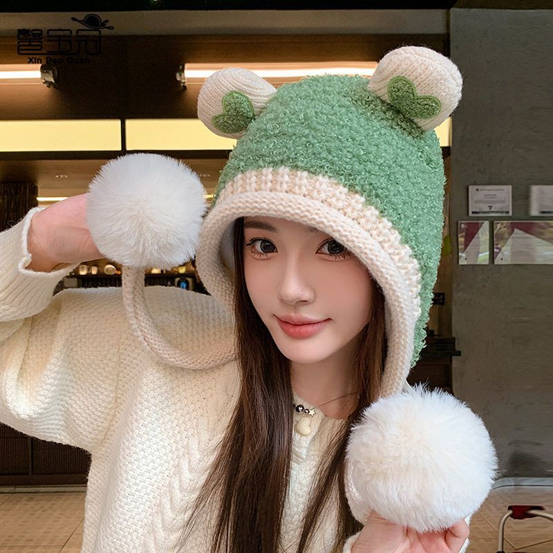 女帽子护耳大头围新款小显脸可爱针织保暖套小熊秋冬季毛线帽头帽