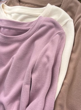 清仓捡漏~撤回外贸德绒磨毛圆领长袖T恤女宽松内搭薄绒保暖打底衫