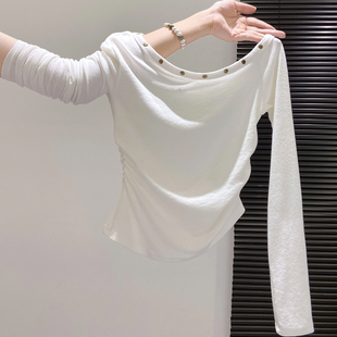 设计修身 铆钉早秋新款 显瘦上衣 韩系辣妹风斜肩长袖 超软糯超亲肤