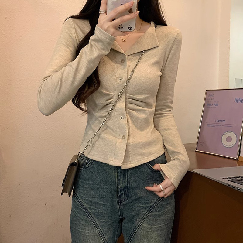 爱到不能行~  长袖t恤女2025新款修身开衫韩系chic小衫短款上衣