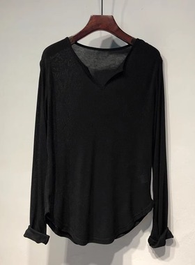 上身巨好看~纯色V领上衣女春秋宽松垂坠感慵懒遮屁中长款长袖t恤