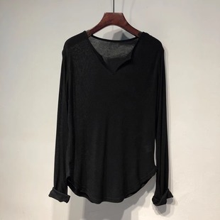 t恤 长袖 上身巨好看 纯色V领上衣女春秋宽松垂坠感慵懒遮屁中长款
