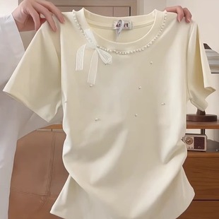 T恤夏设计感钉珠独特别致 气质蝴蝶结正肩短袖 广州十三行爆款 法式