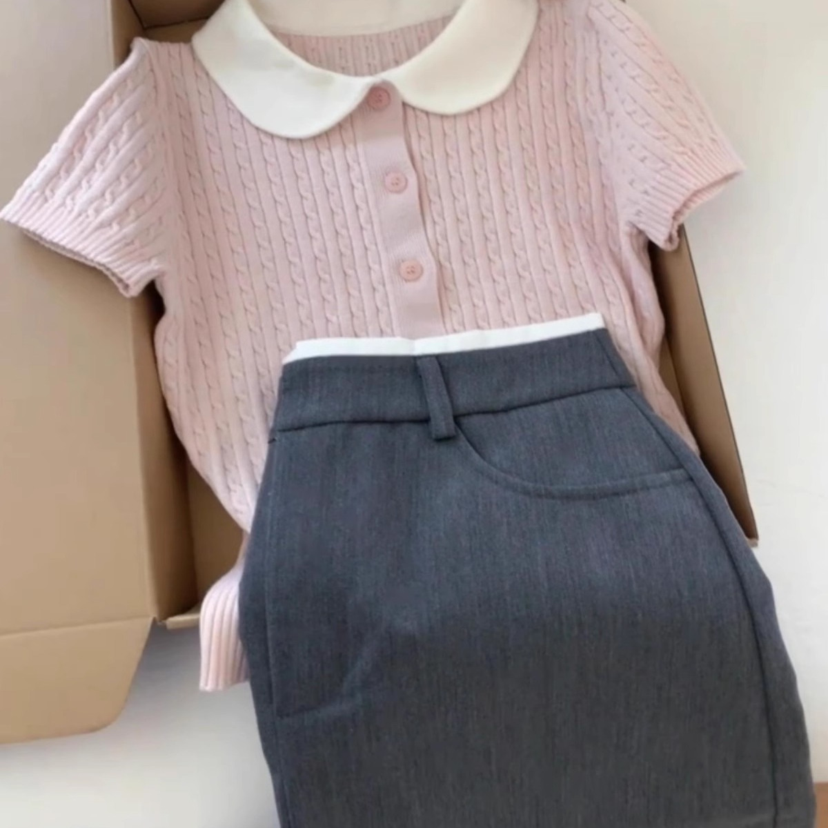 法式穿搭娃娃领针织短袖T恤