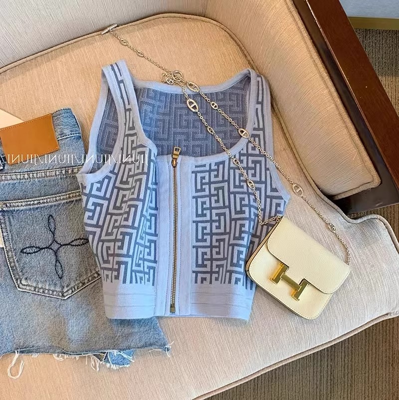 提花拉链吊带背心拉链吊带背心