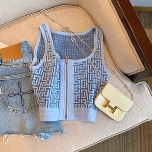 针织提花拉链吊带背心短款 新款 上衣 品牌折扣2024夏季 奥特莱斯