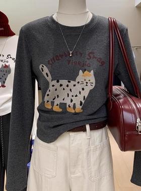 好看到逆天~双面绒卡通猫咪印花长袖T恤女2024秋冬新款保暖打底衫