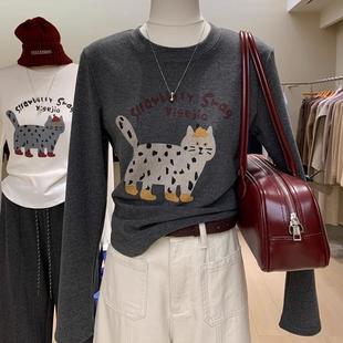 保暖打底衫 T恤女2024秋冬新款 双面绒卡通猫咪印花长袖 好看到逆天