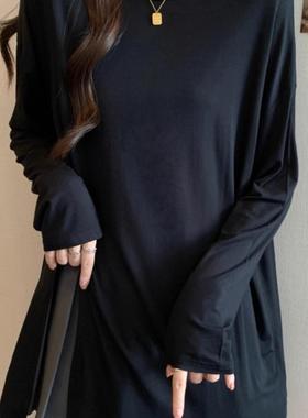 单穿叠穿都好米！开叉长袖T恤白色2024早秋新款圆领宽松显瘦百搭