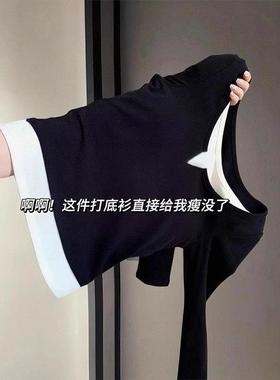 好温柔干净呀！黑色打底衫长袖t恤新款假两件叠穿内搭显瘦上衣