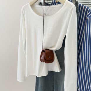 上衣 显瘦内搭外穿正肩百搭打底小衫 韩系白色长袖 t恤女早秋U领修身