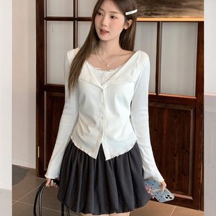 温柔内搭打底衫 T恤女秋季 白色上衣 假两件翻领长袖 这件泰戳我了