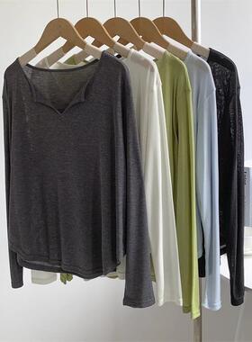 广州十三行爆款！V领长袖T恤慵懒风瑜伽宽松薄款罩衫女空调衫ins