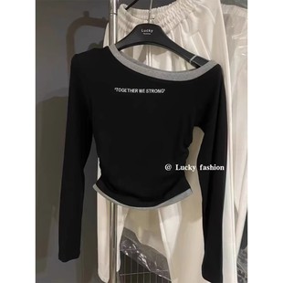 这款 T恤小众打底衫 2025春季 上衣辣妹拼色斜肩长袖 潮 新款 真心推荐