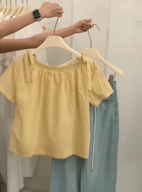 奥特莱斯~大牌余单学院风系带黄色短袖衬衫女短款修身蝴蝶结上衣