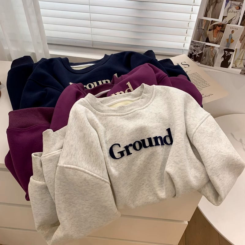 加绒立体字母牙刷绣宽松休闲上衣