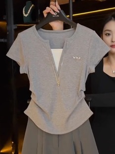 T恤女夏时尚 拼接假两件V领短袖 拉链上衣 灰色修身 广州十三行高货
