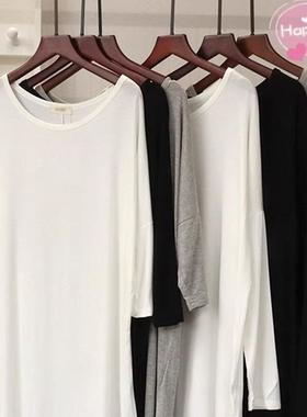 亿点点好看~莫代尔长袖T恤女洋气宽松中长款配鲨鱼裤的上衣ins潮