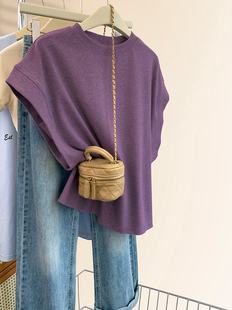 现货 无袖 2024夏季 t恤女纯棉宽松坎肩小飞袖 上衣 紫色正肩短袖