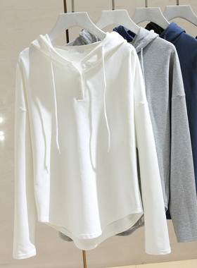 韩系休闲连帽长袖t恤女春秋新款慵懒风宽松显瘦V领运动瑜伽服卫衣