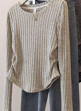 广州十三行爆款！韩版收腰显瘦坑条纯欲风褶皱胖mm正肩长袖T恤