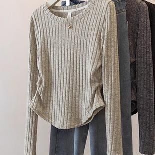 T恤 收腰显瘦坑条纯欲风褶皱胖mm正肩长袖 广州十三行爆款 韩版