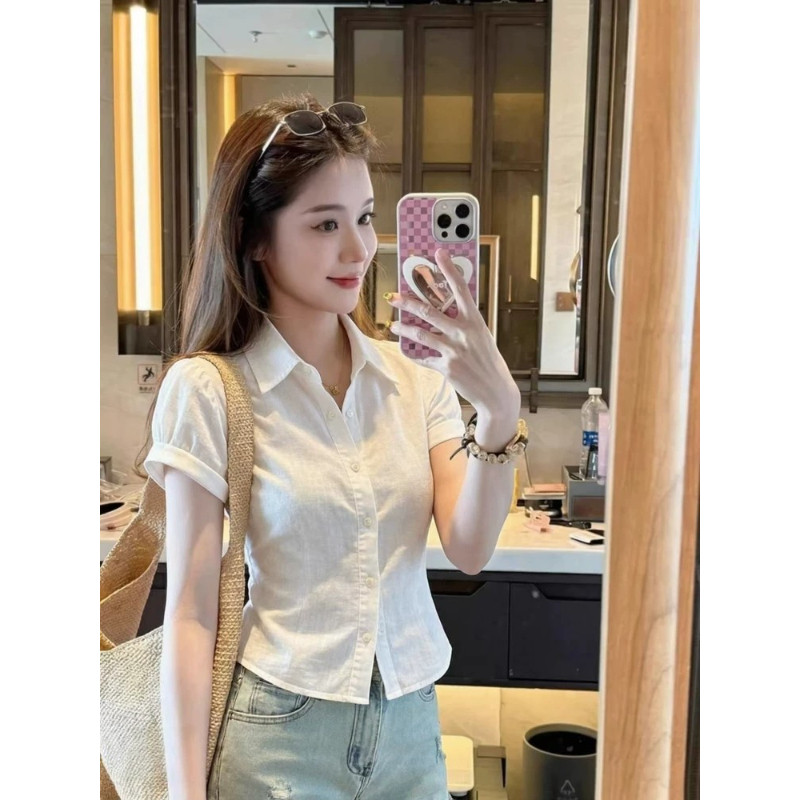 广州十三行高货~白色翻领短袖衬衫女夏季高级感气质修身显瘦上衣 - 实物图