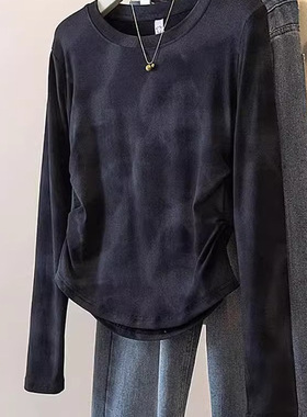 怎么可以那么好看~黑色褶皱长袖打底衫女显瘦气质独特别致扎染T恤