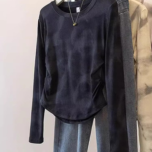 怎么可以那么好看~黑色褶皱长袖打底衫女显瘦气质独特别致扎染T恤