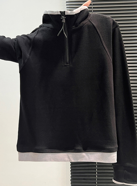 不费力的穿搭！黑色半高领加绒德绒打底衫女秋冬磨毛保暖撞色卫衣