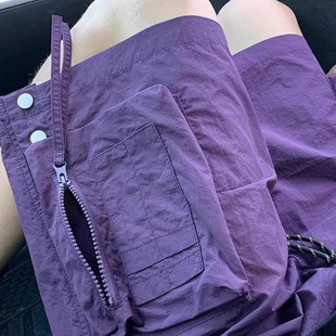 美式 宽松休闲速干运动五分裤 复古紫色工装 女夏季 短裤 都给我去买