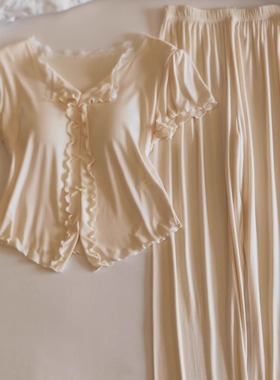 亲肤好穿不扎！自带胸垫睡衣女夏莫代尔棉薄款性感纯欲家居服套装