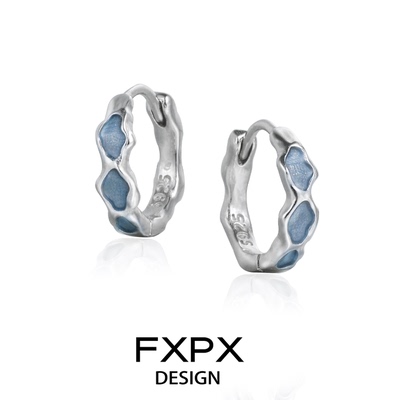 FXPX纯银不规则浅蓝色耳环小众设计耳扣轻奢高级感耳圈冷淡风耳饰