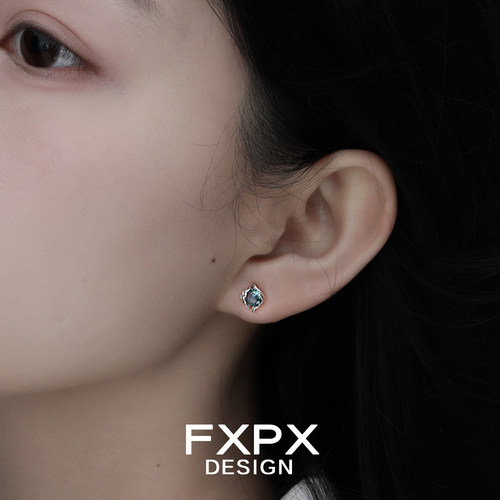 FXPX清冷系纯银耳钉女粉蓝锆石耳饰小众设计高级感养耳洞睡觉免摘