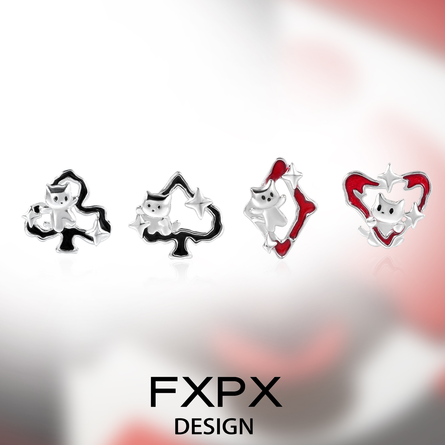 FXPX纯银猫咪扑克花色耳钉小众设计高级感耳饰黑色红色甜酷风耳环