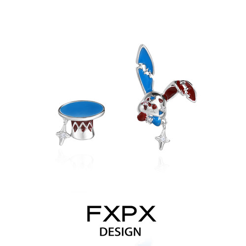 FXPX 不对称小丑兔耳钉小众设计红蓝独特锆石耳饰高级耳环925银针