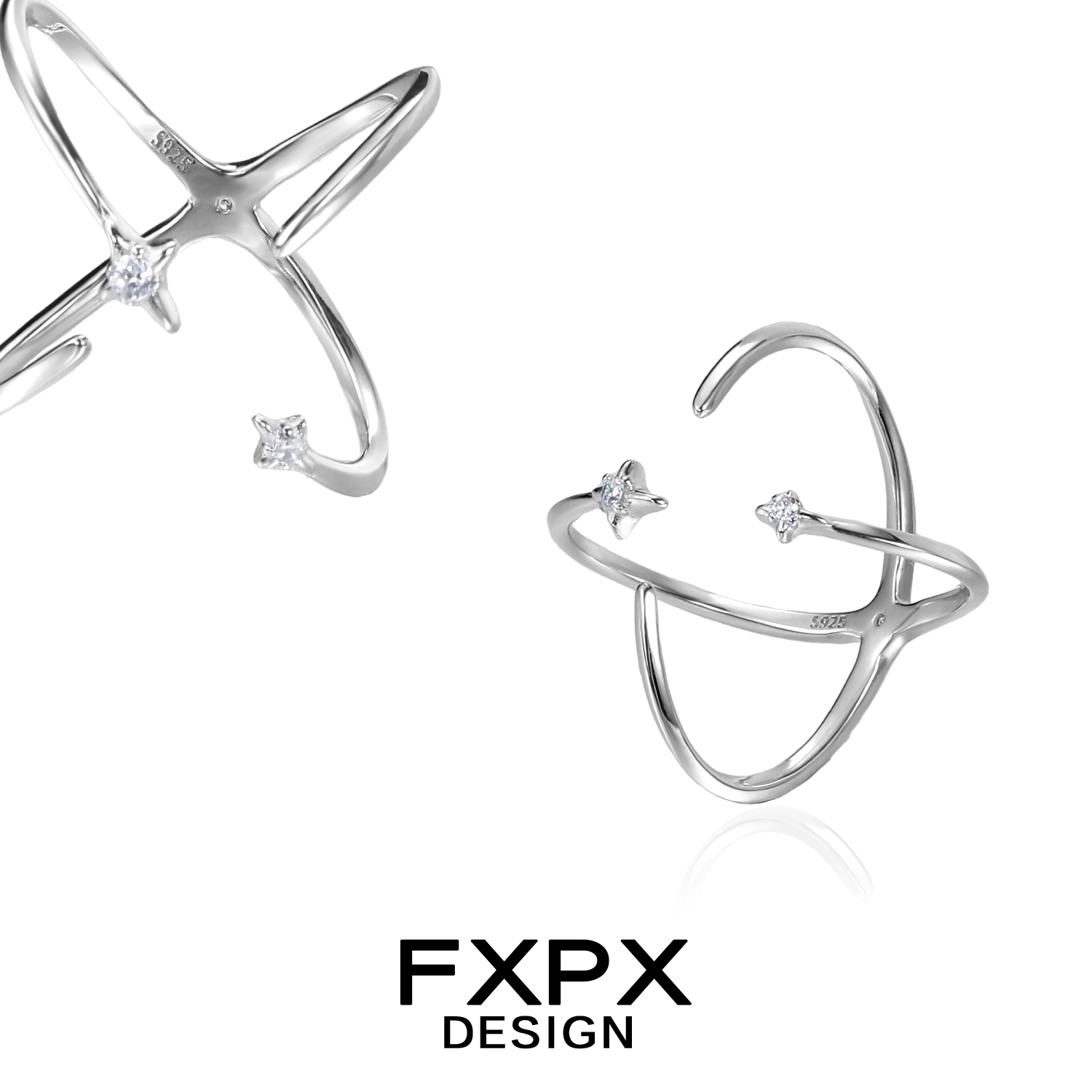 FXPX 小众独特纯银戒指正反两戴开口可调节食指戒高级感百搭素圈